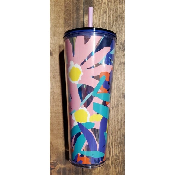 Starbucks Floral Spring 2021 Venti 24 Oz. Tumbler with Pink Straw - New - Picture 2 of 4